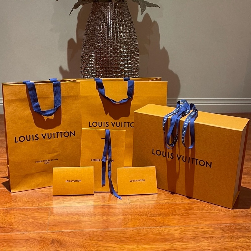 One big Luois Vuitton bag, and three shopping bags, ribbon and 2 envelopes.